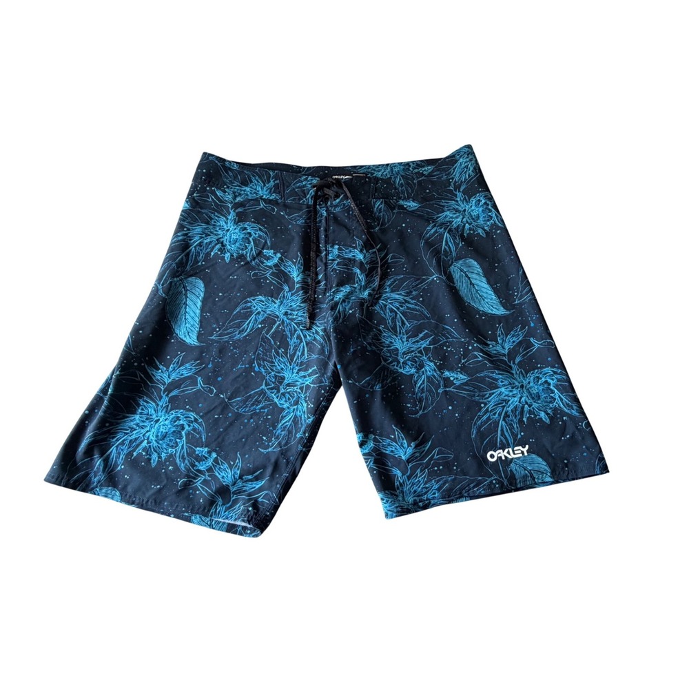Oakley Mens Board Shorts SZ 38 Navy Blue Cyan Floral Performance Fit Swim Trunks